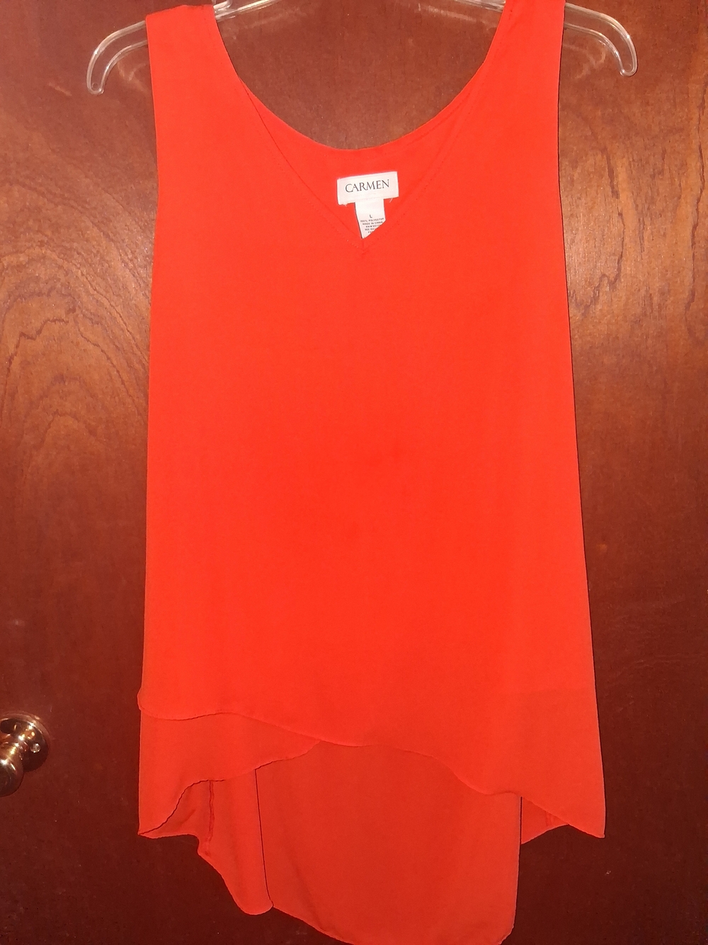 Carmen Marc Valvo Bold Coral-Orange V-Neck High-Low Camisole